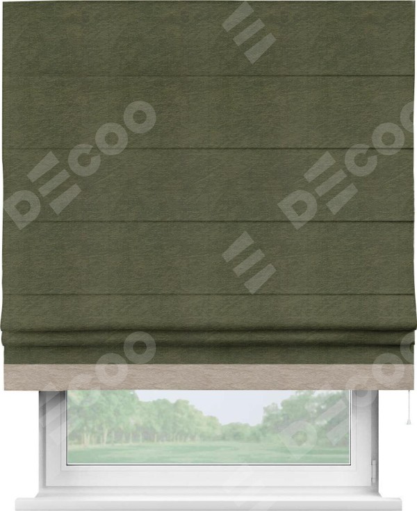 Римская штора «Кортин» с кантом Джестер, для проема, ткань софт однотонный зелёный